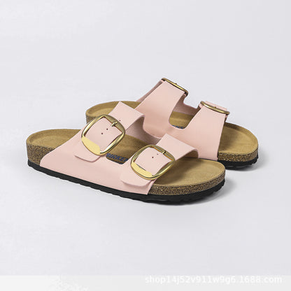 Genuine Leather Cork Footbed Sandals with Double Buckle