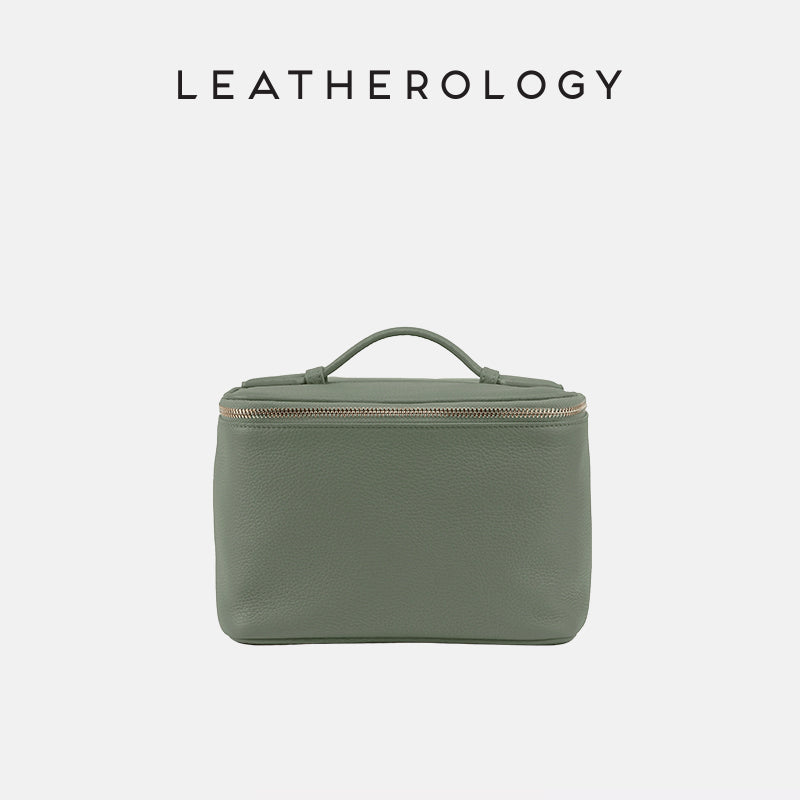 Genuine Leather Cosmetic Bag with Handheld Handle