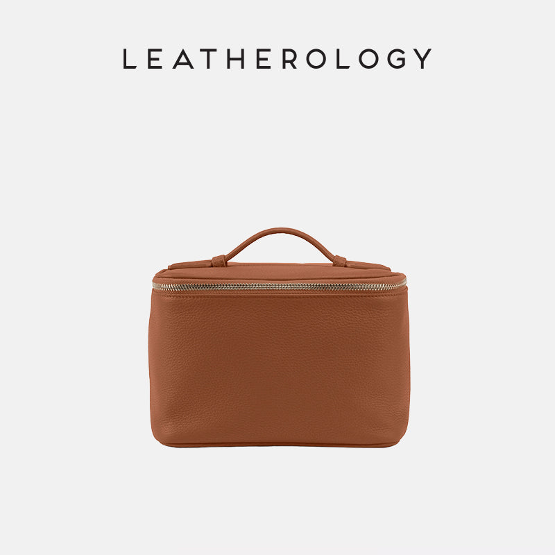 Genuine Leather Cosmetic Bag with Handheld Handle