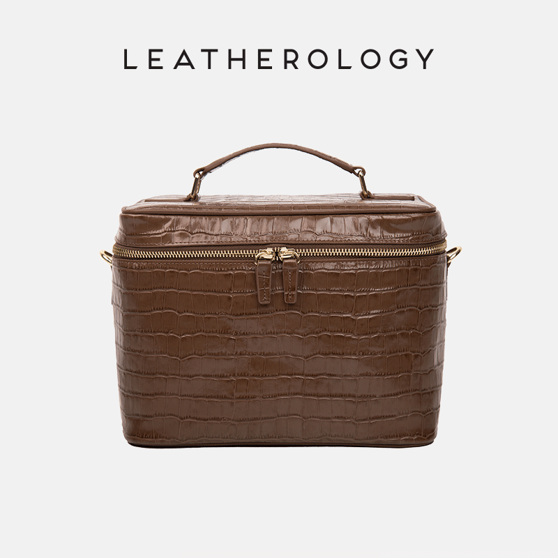 Genuine Leather Cosmetic Bag with Handheld Handle