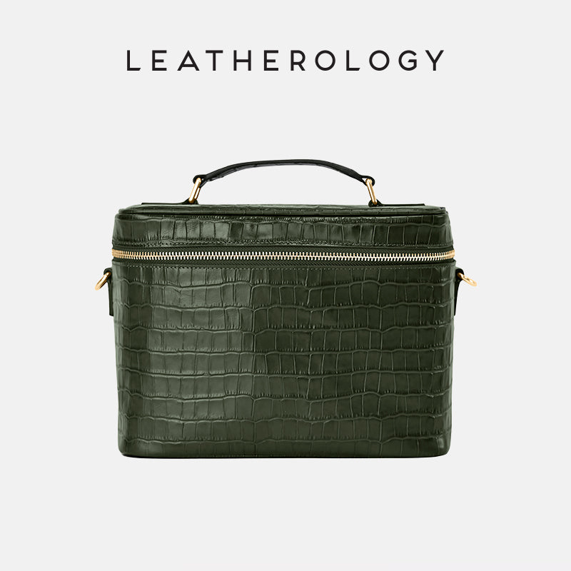 Genuine Leather Cosmetic Bag with Handheld Handle