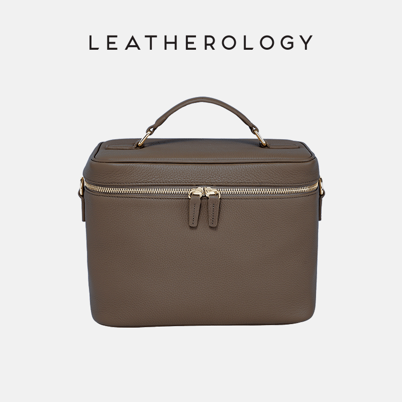 Genuine Leather Cosmetic Bag with Handheld Handle