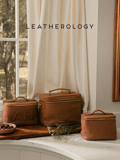Genuine Leather Cosmetic Bag with Handheld Handle