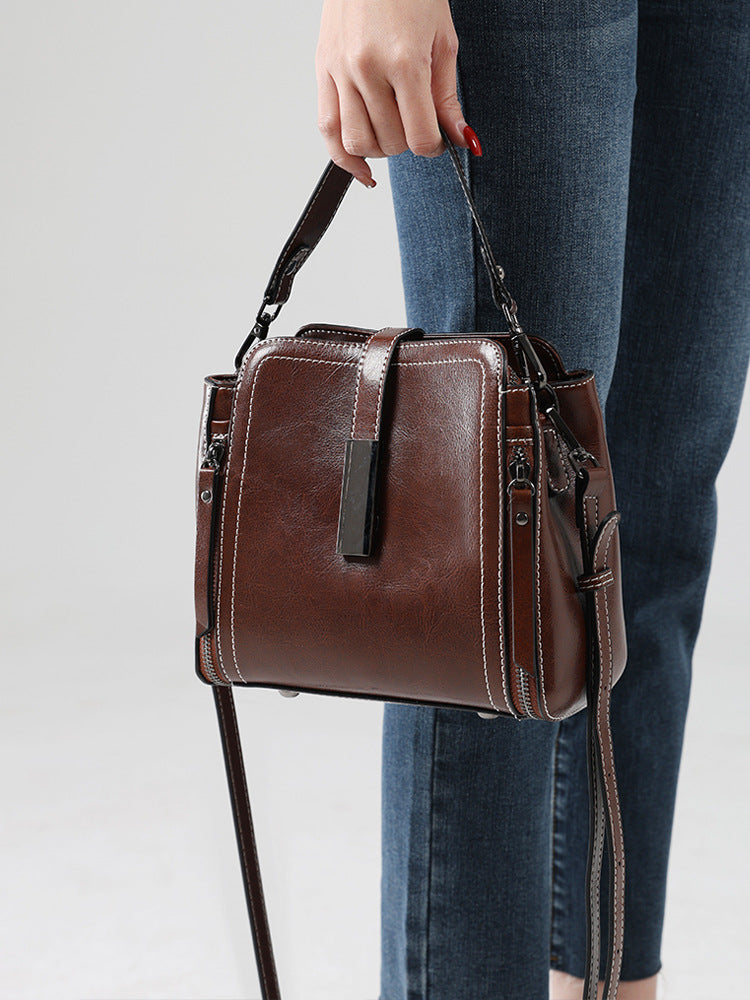 Genuine Leather Crossbody Bucket Bag Vintage Style Shoulder Purse