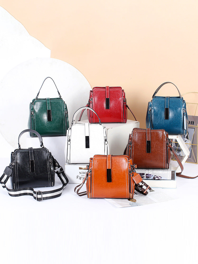 Genuine Leather Crossbody Bucket Bag Vintage Style Shoulder Purse