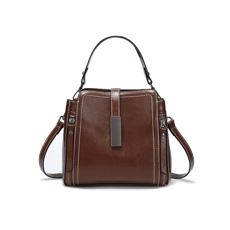 Genuine Leather Crossbody Bucket Bag Vintage Style Shoulder Purse