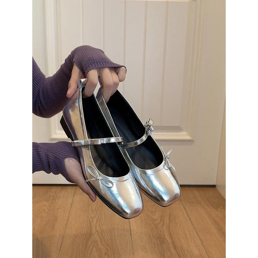 Genuine Leather Evening Shoes French Retro Bowknot Mary Jane Flats