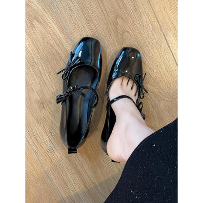 Genuine Leather Evening Shoes French Retro Bowknot Mary Jane Flats