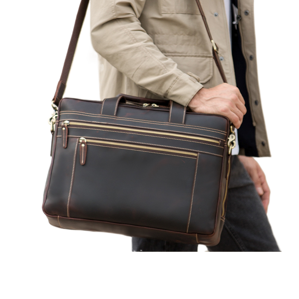 Genuine Leather Men's Briefcase with Shoulder Strap