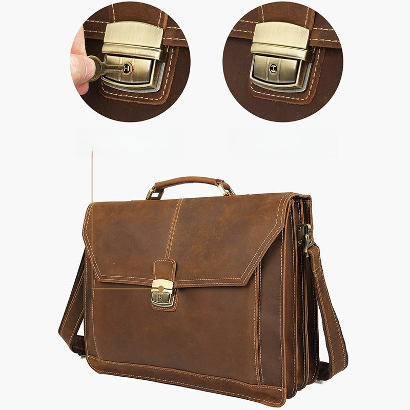 Genuine Leather Men's Business Briefcase with Adjustable Strap