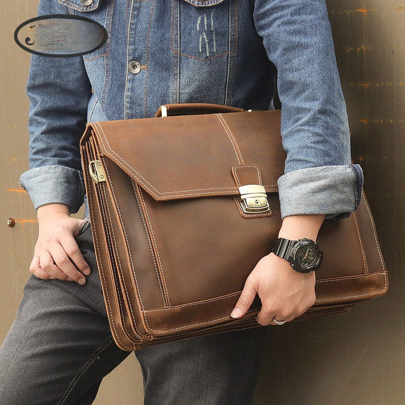 Genuine Leather Men's Business Briefcase with Adjustable Strap