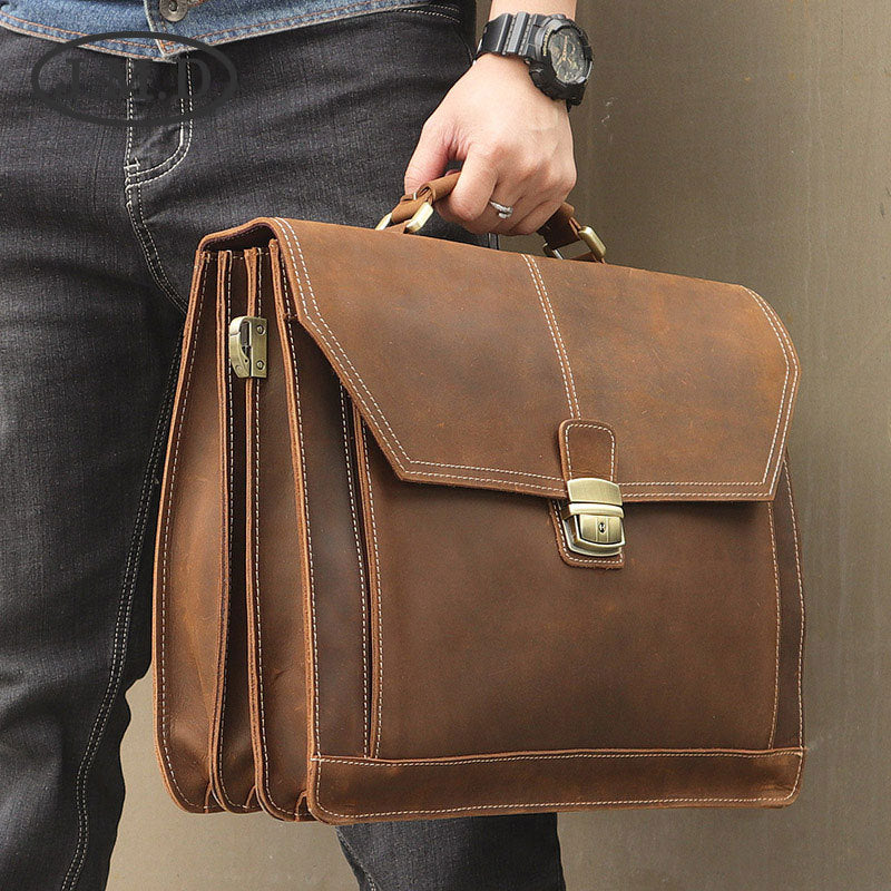 Genuine Leather Men's Business Briefcase with Adjustable Strap