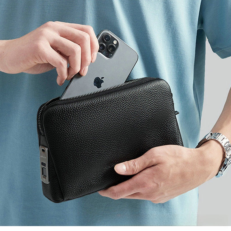 Genuine Leather Smart Fingerprint Lock Clutch Bag