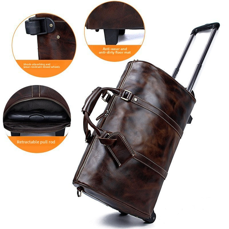 Genuine Leather Trolley Luggage Bag with Detachable Strap