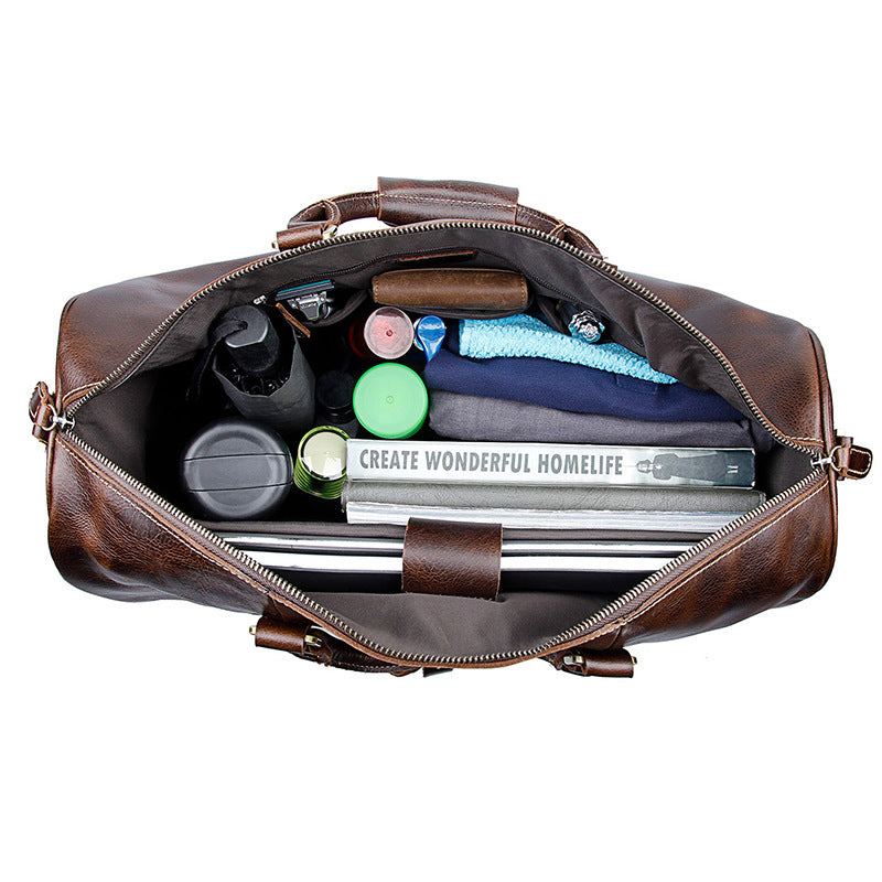 Genuine Leather Trolley Luggage Bag with Detachable Strap