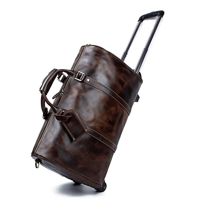Genuine Leather Trolley Luggage Bag with Detachable Strap