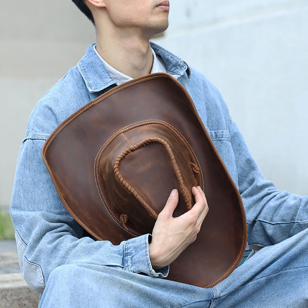 Genuine Leather Western Cowboy Hat Sun Protection Adjustable