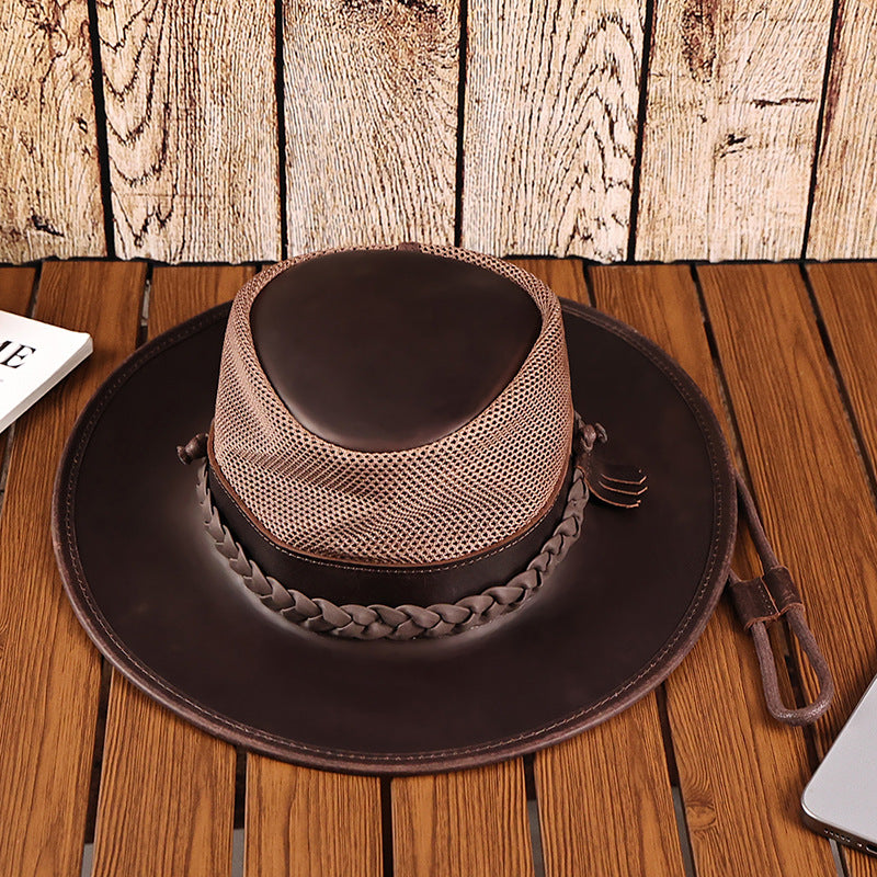 Genuine Leather Western Cowboy Hat Sun Protection Adjustable