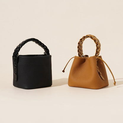 Genuine Leather Women's Bucket Bag with Adjustable Strap