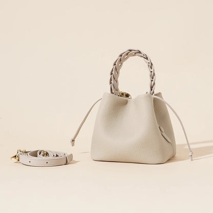 Genuine Leather Women's Bucket Bag with Adjustable Strap