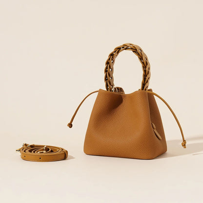Genuine Leather Women's Bucket Bag with Adjustable Strap