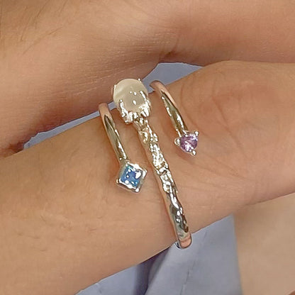 Geometric Arc Line Zircon Agate Sterling Silver Ring