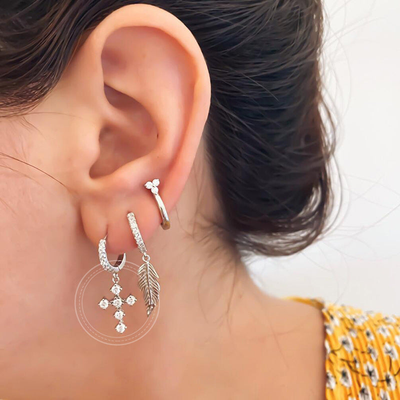 Geometric Diamond Earrings Set Silver French Needle Design
