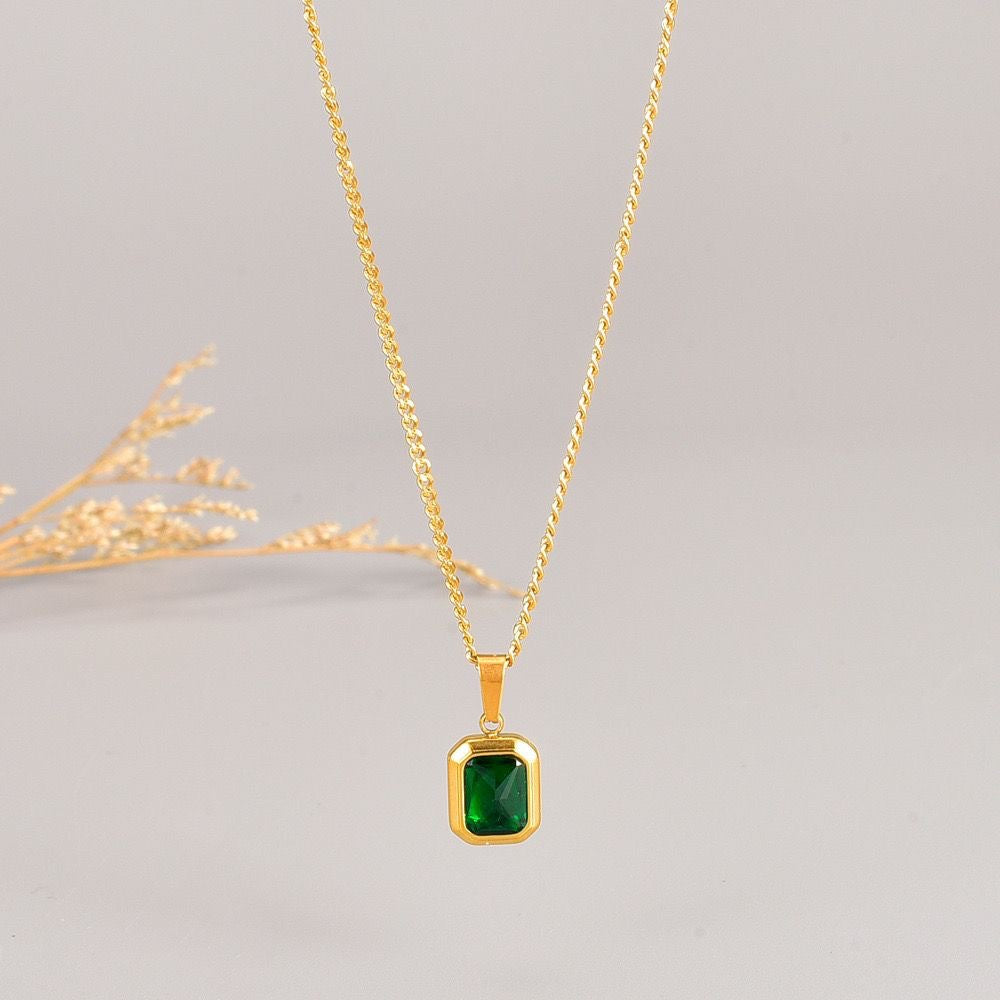 Geometric Emerald Pendant Titanium Steel Necklace