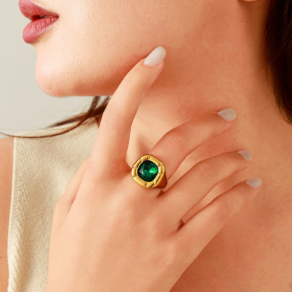 Geometric Emerald Zircon Stainless Steel Ring