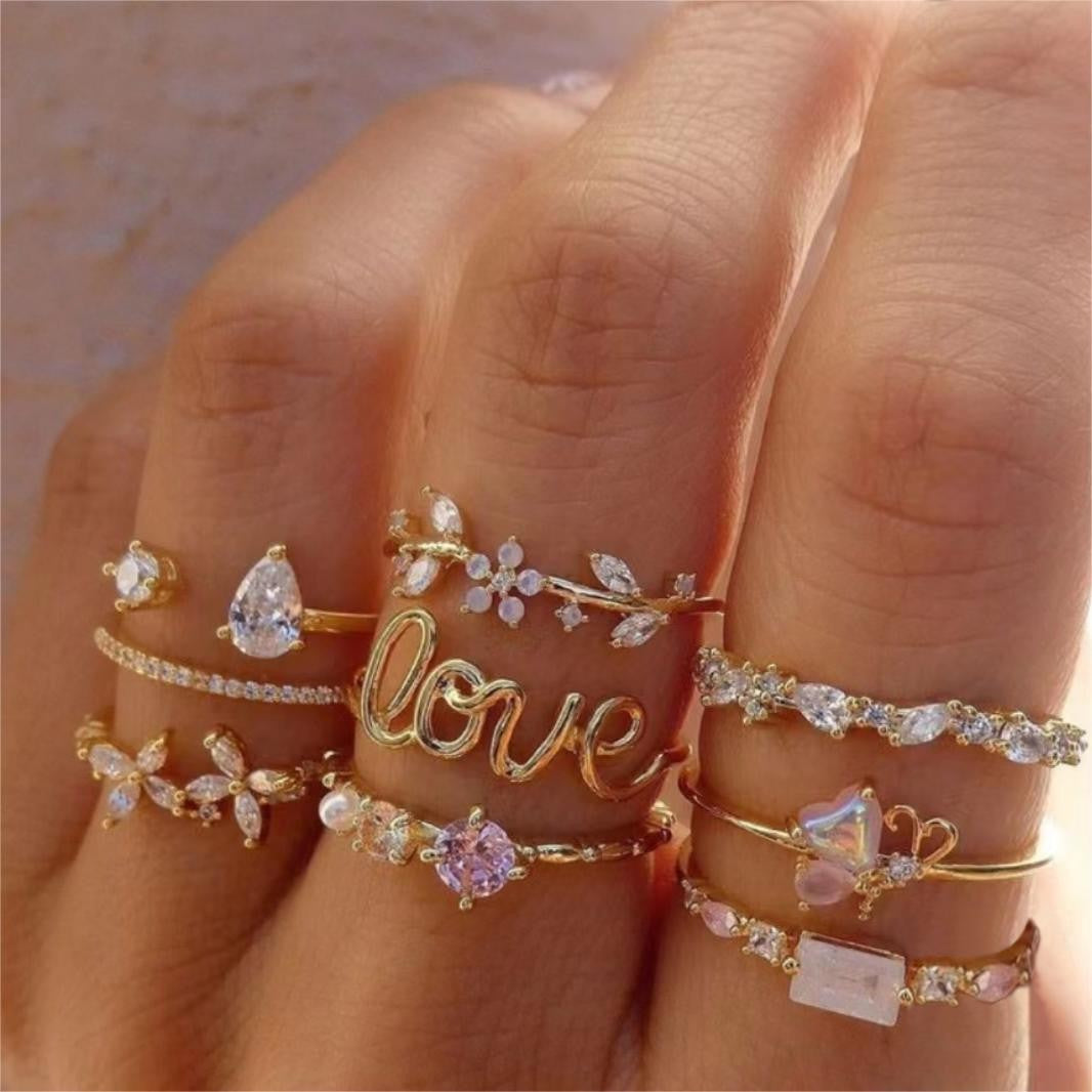 Geometric Heart Butterfly Ring Set