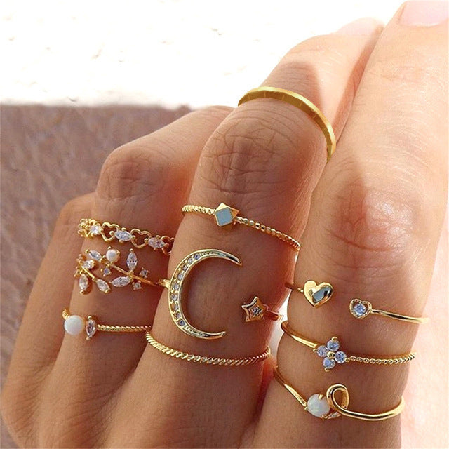Geometric Heart Butterfly Ring Set
