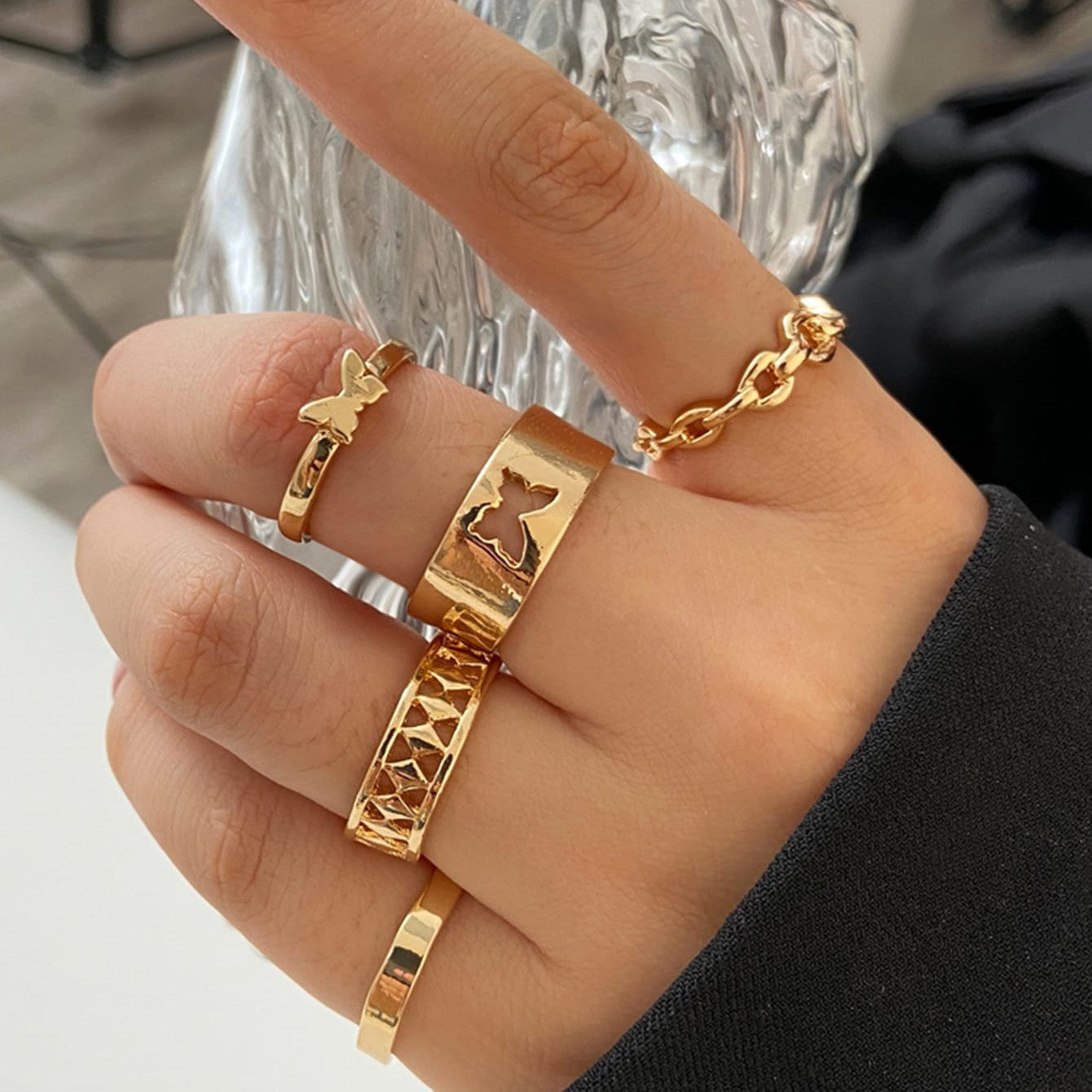 Geometric Heart Butterfly Ring Set