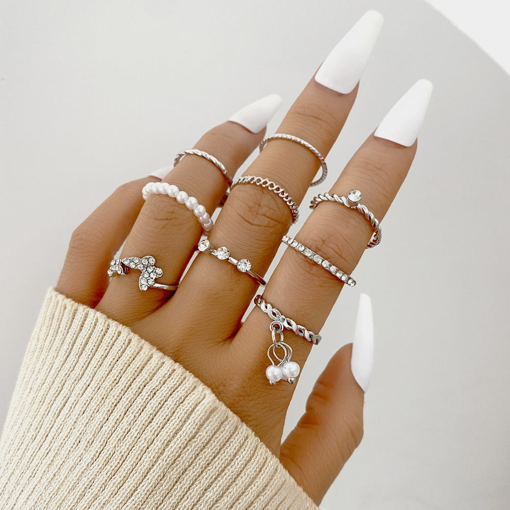 Geometric Heart Butterfly Ring Set