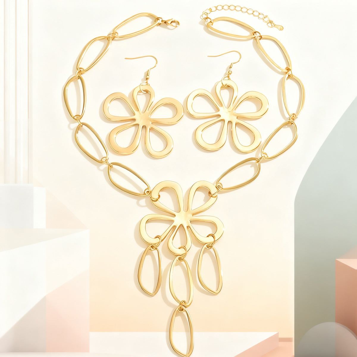 Geometric Hollow Flower Necklace and Earrings