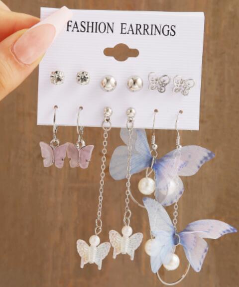 Geometric Pearl Butterfly Earrings Set (6 Pieces)