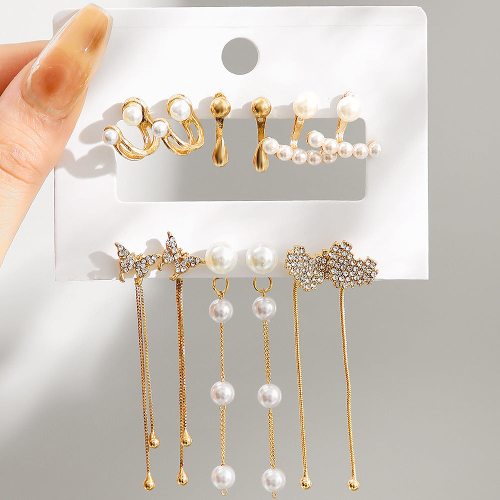 Geometric Pearl Butterfly Earrings Set (6 Pieces)