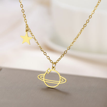 Geometric Planet Saturn Necklace Gold Plated Titanium Steel Chain
