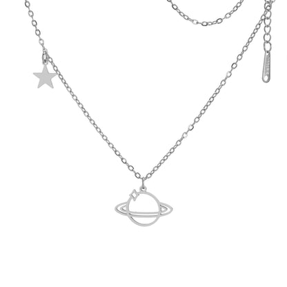 Geometric Planet Saturn Necklace Gold Plated Titanium Steel Chain