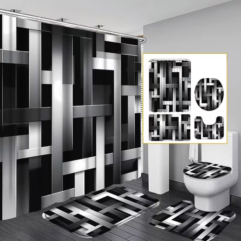 Geometric Print Bathroom Shower Curtain Set
