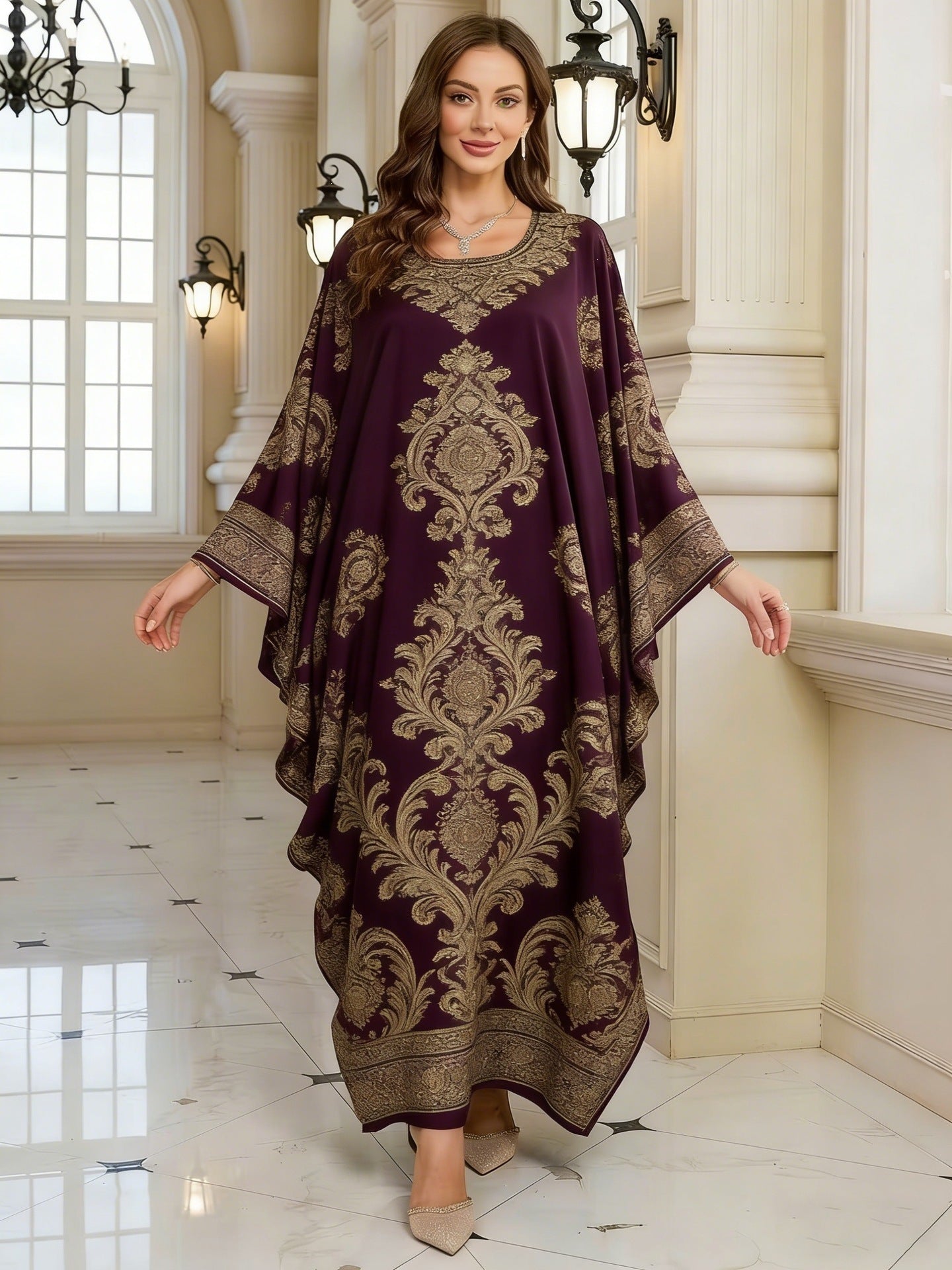Geometric Print Batwing Sleeve Long Dress