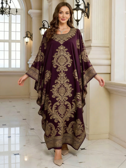 Geometric Print Batwing Sleeve Long Dress
