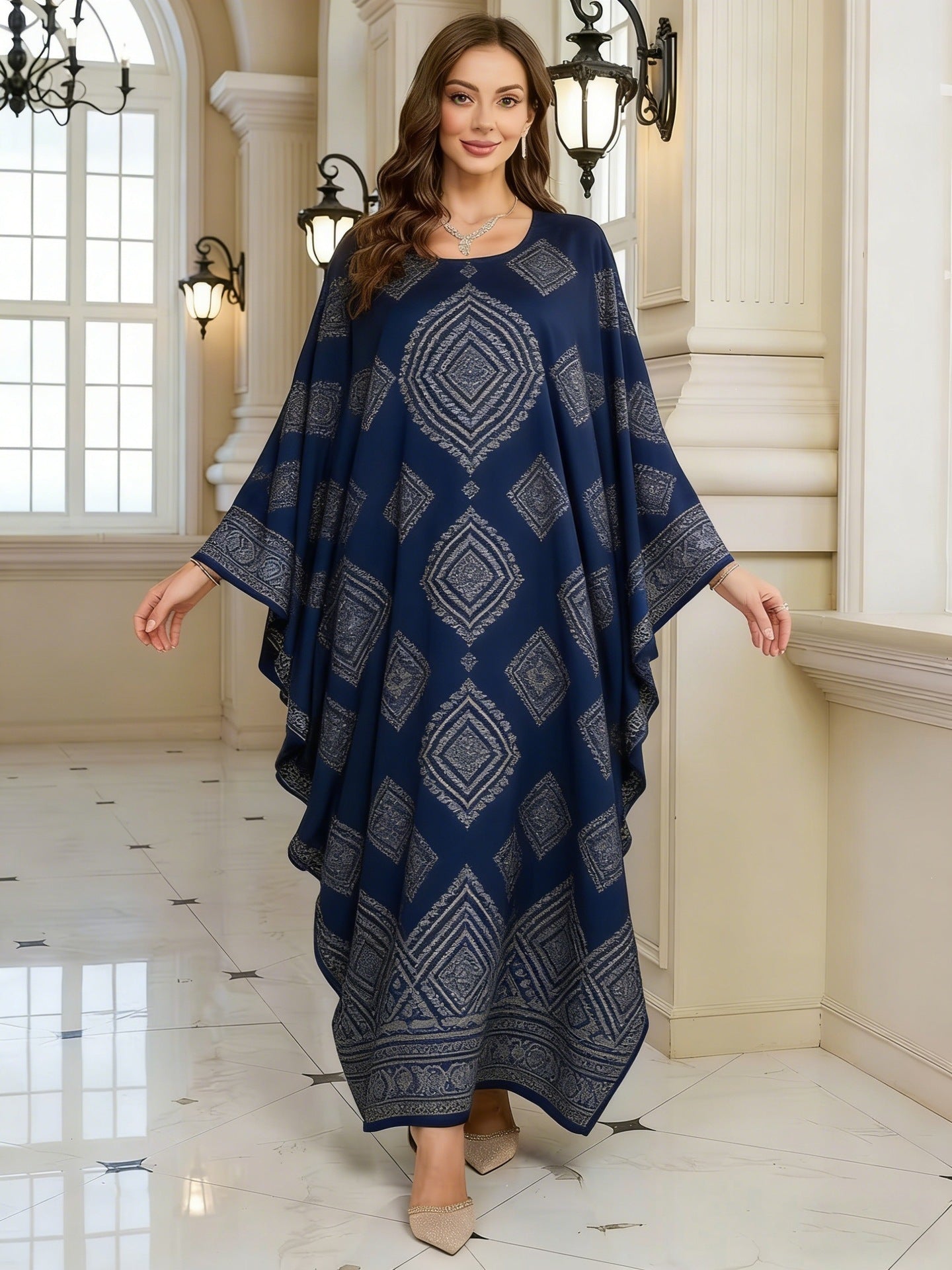 Geometric Print Batwing Sleeve Long Dress