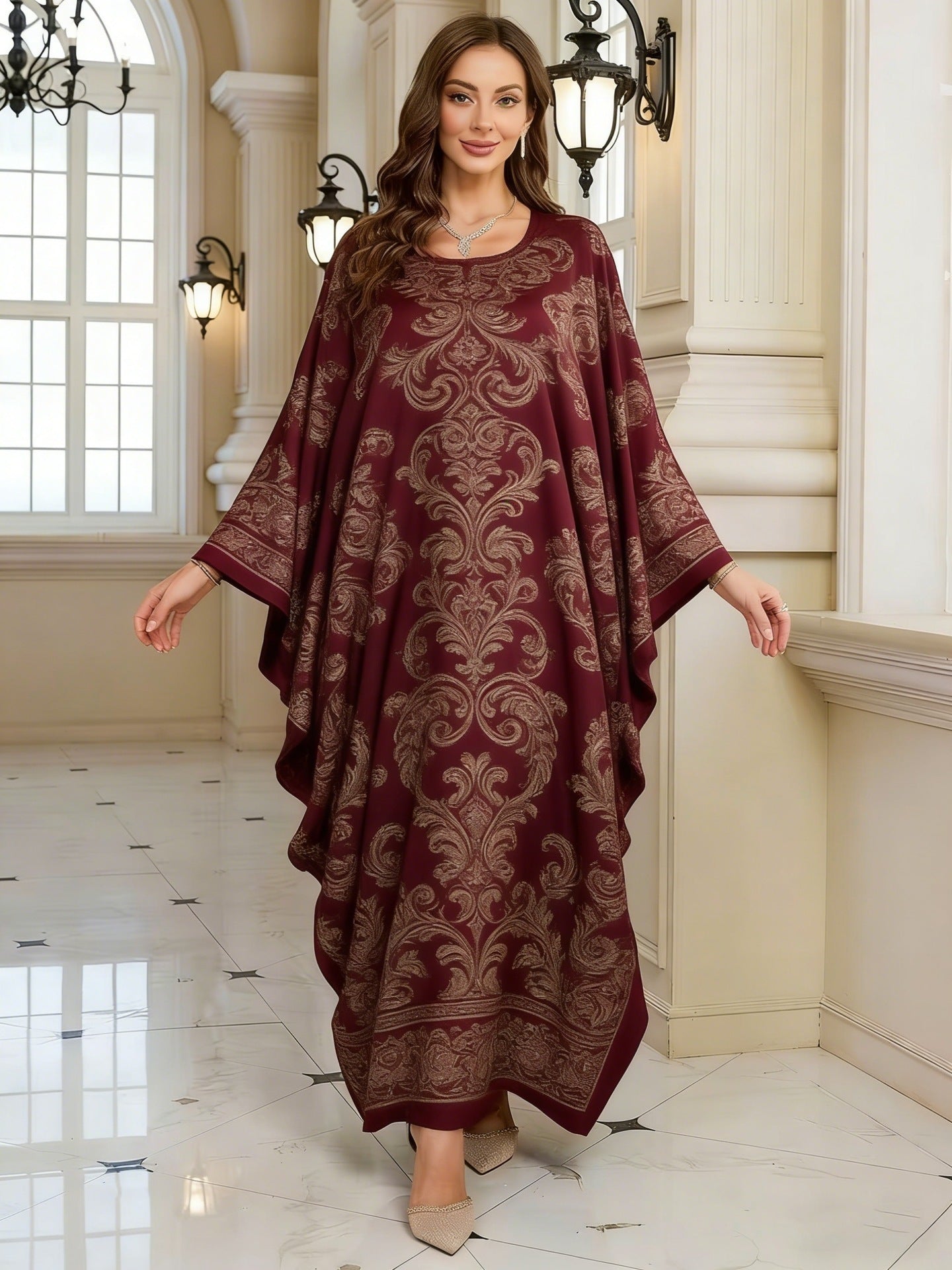 Geometric Print Batwing Sleeve Long Dress