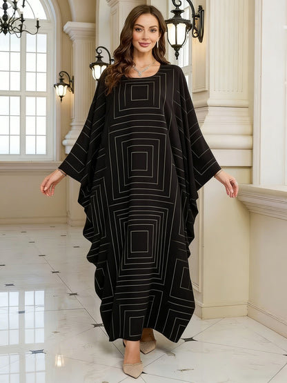 Geometric Print Batwing Sleeve Long Dress