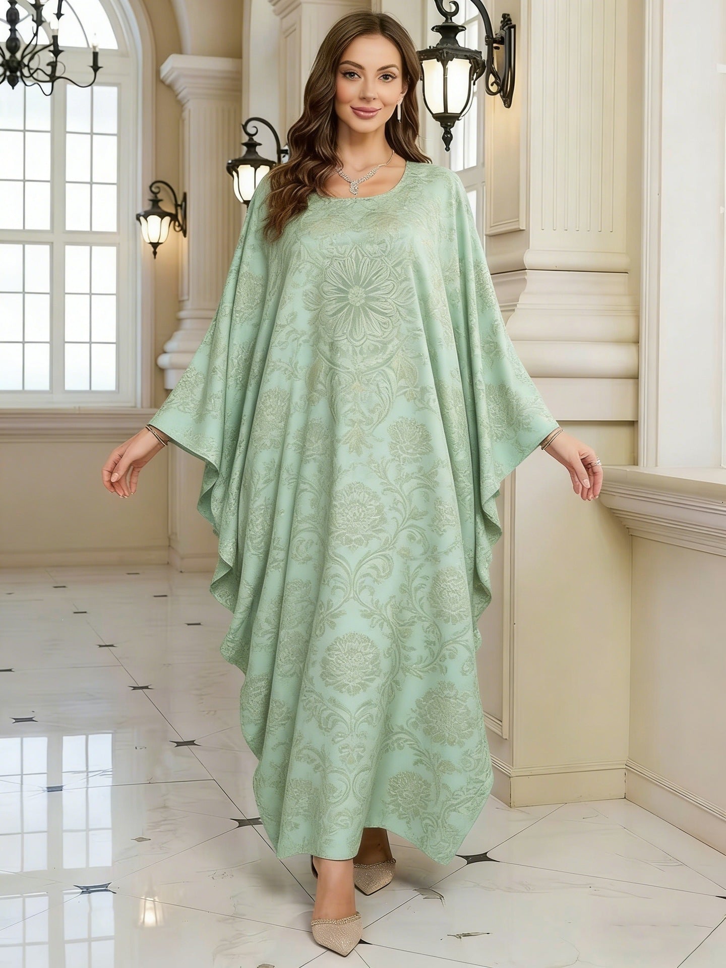 Geometric Print Batwing Sleeve Long Dress