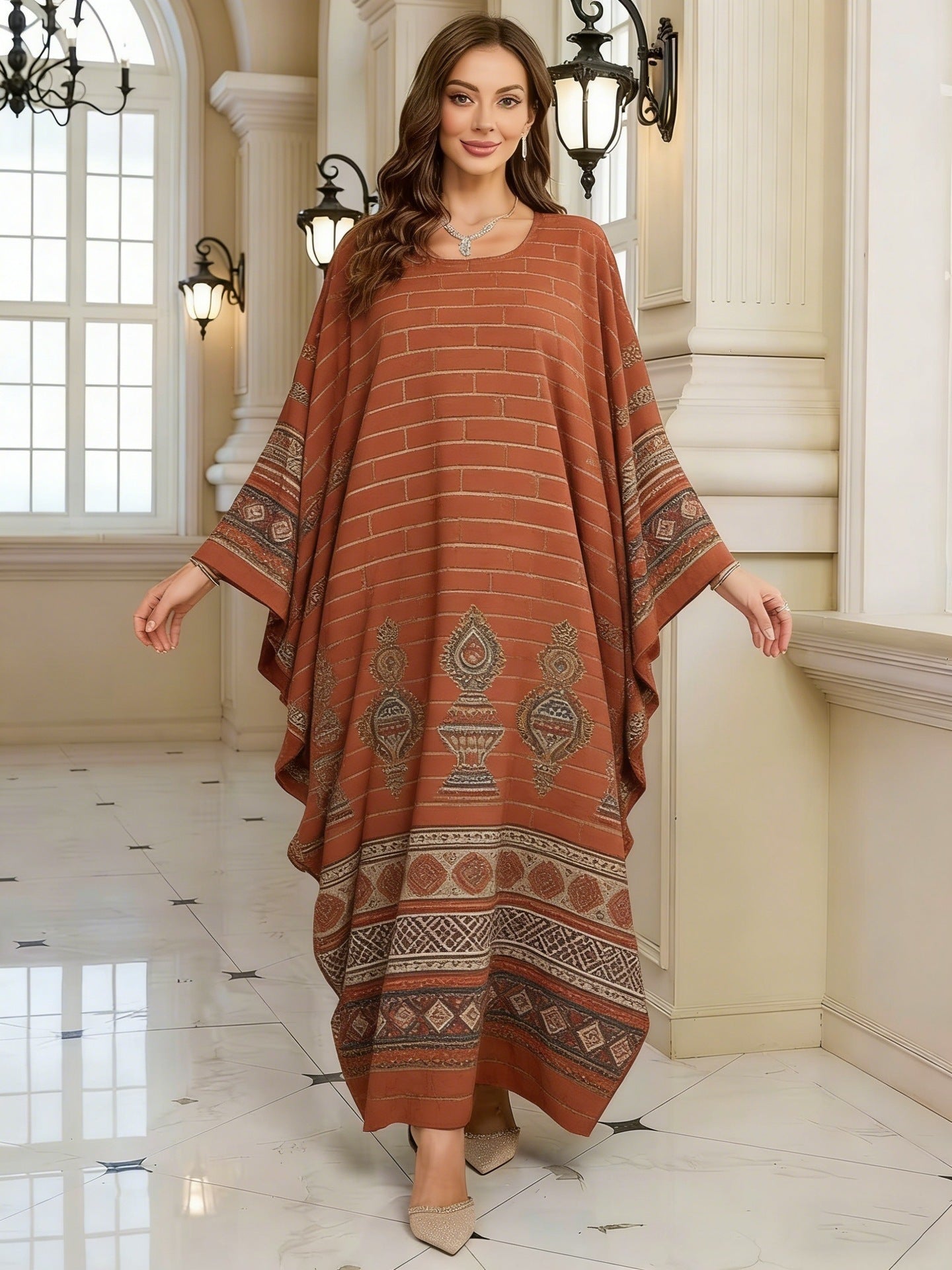 Geometric Print Batwing Sleeve Long Dress