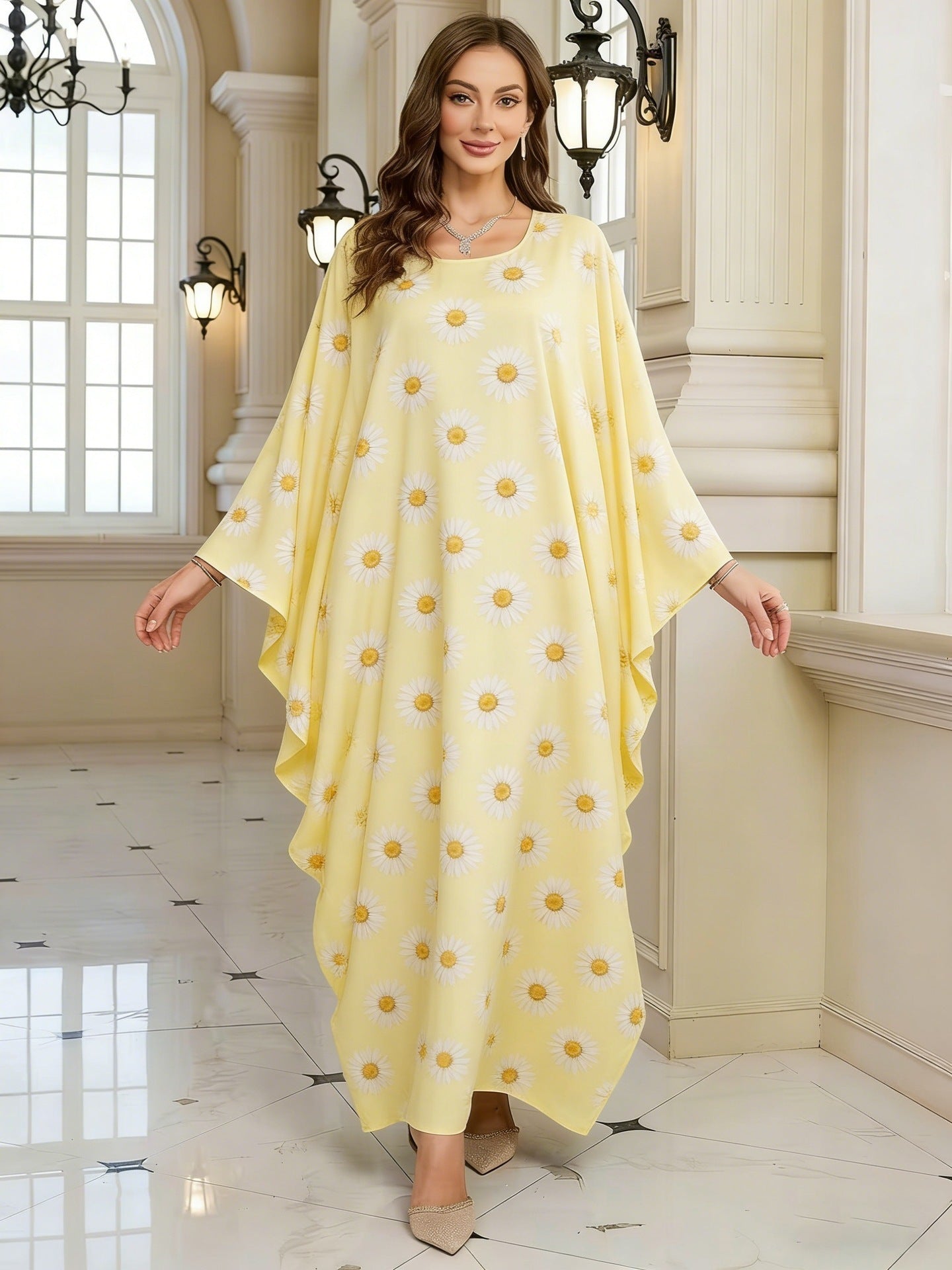 Geometric Print Batwing Sleeve Long Dress
