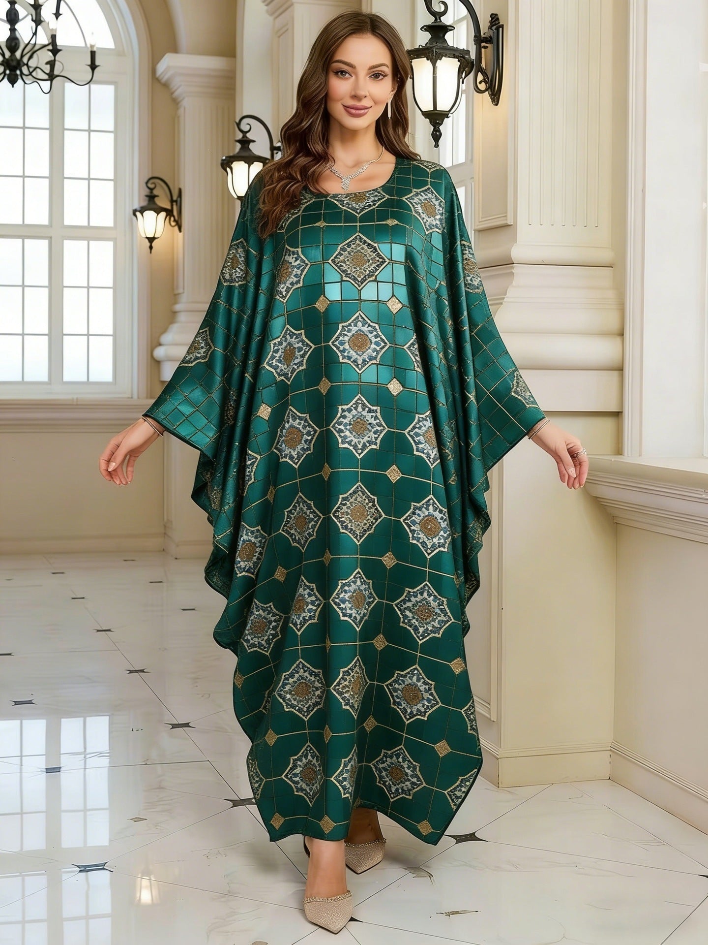 Geometric Print Batwing Sleeve Long Dress