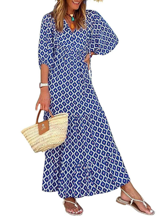 Geometric printed balloon sleeves dress