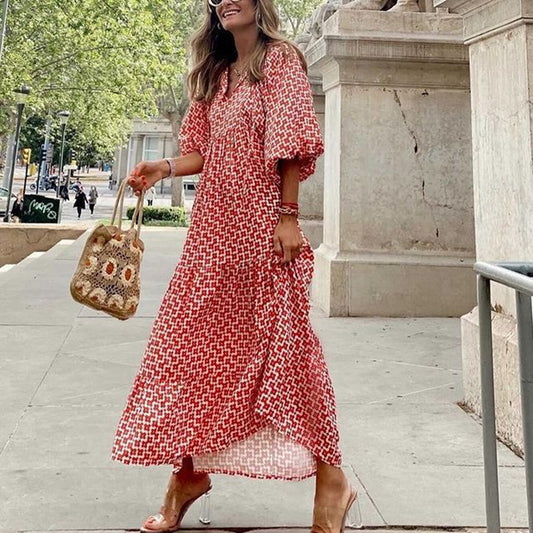Geometric printed balloon sleeves dress